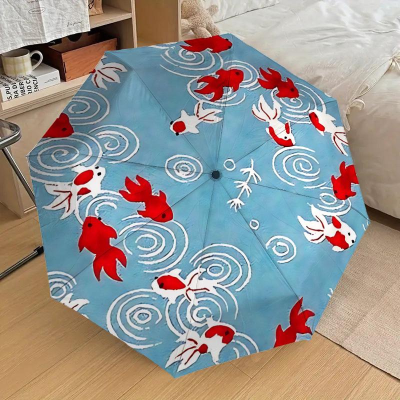 1pc Goldfish Pond Pattern Automatic Folding Umbrella, 8-Rib Durable Frame, Durable Foldable Design - Elegant Gift for Commute yy251210051
