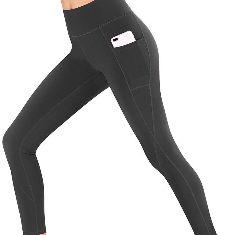 Elastische Yoga-Leggings mit hoher Taille für Damen, Bauchkontrolle, gerüschter Hintern mit Taschenhose, nahtlose Kompressionsstrumpfhose fürs Fitnessstudio S grau