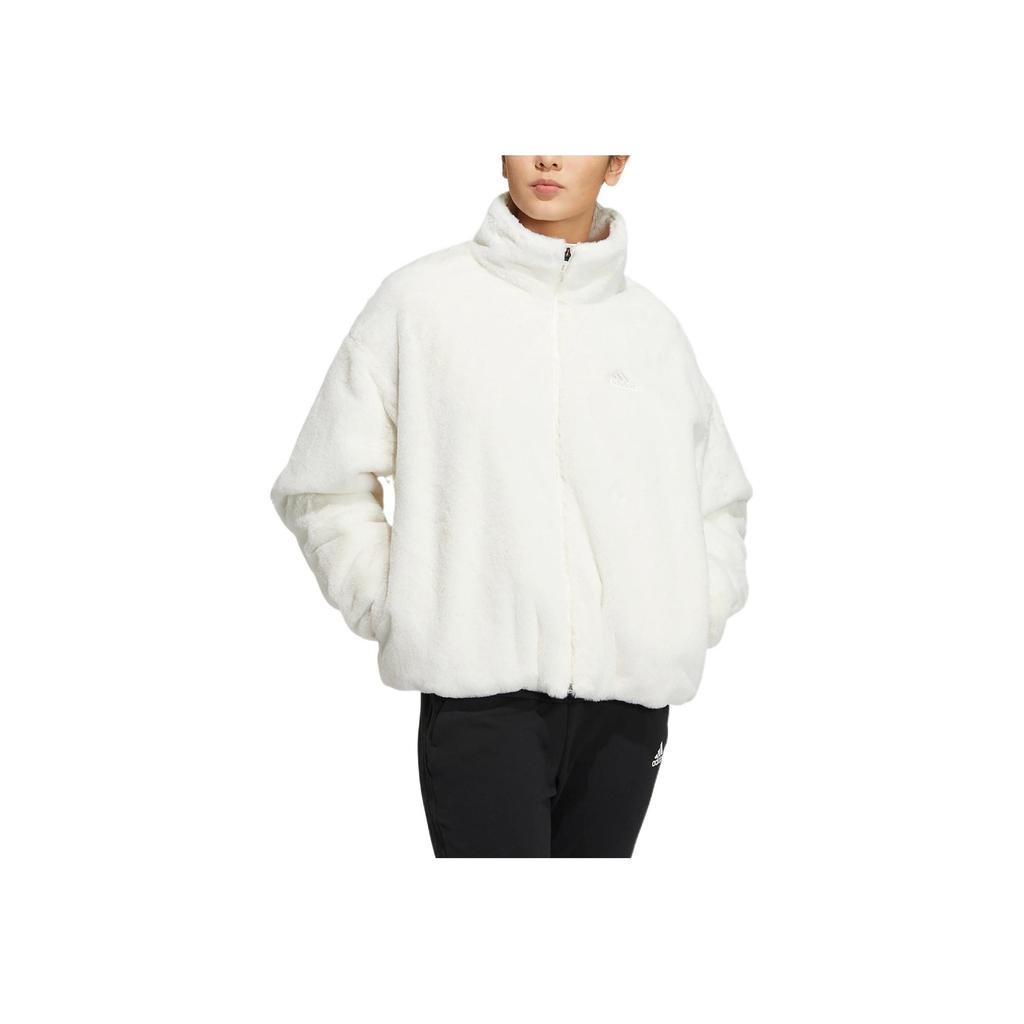 Adidas Met Fur Jacket With Embroidered Logo On The Back, Zippered Stand-Up Collar Women Outerwear White HM7102