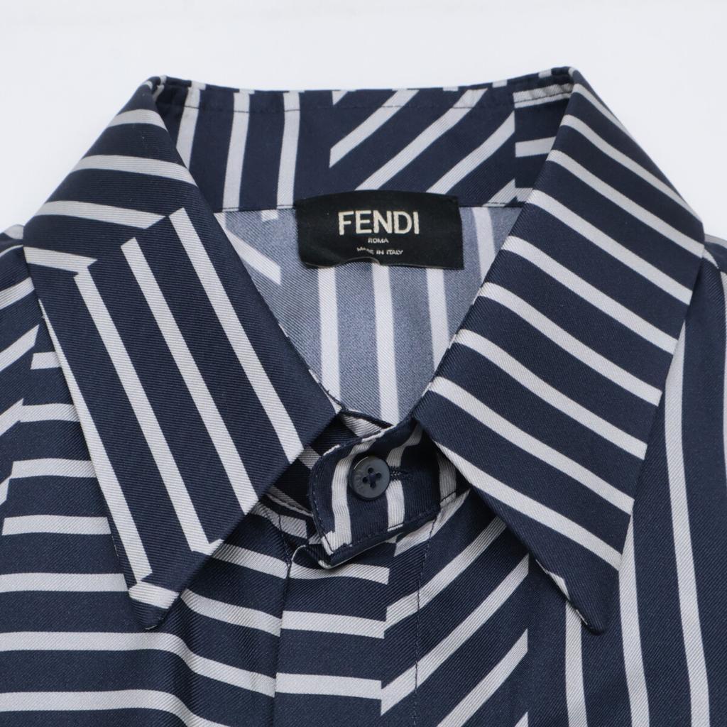 FENDI [Domestic Regular/2011 Made] FS0795 APQG Silk FF Pattern x Stripe S/S Shirt tops 38 NavyUsed