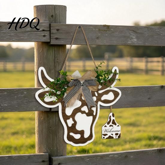 Cow Head Wall Decoration Milk Hanging Sign Rustic Wooden Welcome Sign with Bow And Artificial Pattern Plaque Leaves Door for Front Door Porch,