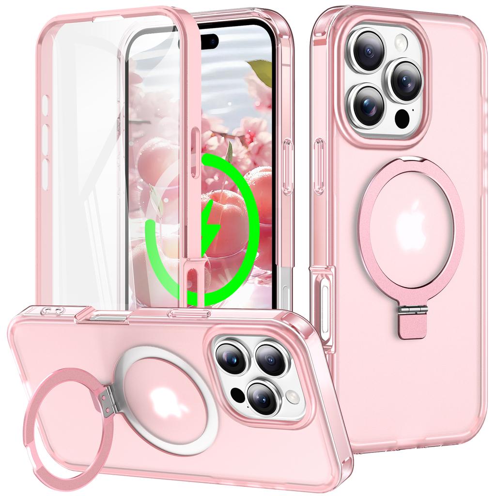 For iPhone 16 Pro Case Frosted TPU+PC Phone Cover with Magnetic Kickstand PET Screen Protector Compatible with MagSafe