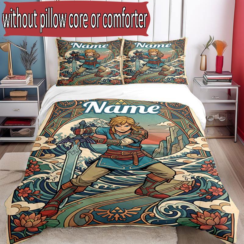 3pcs Duvet Cover Set (1*Duvet Cover + 2*Pillowcase, Without Core), Custom Name The Legend Of Zelda Pattern Bedding Set, Home Bedroom Decor Gift
