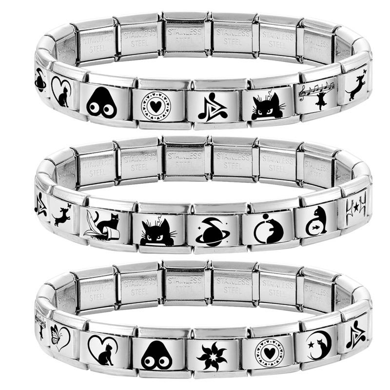 Cute Laser Engraving DIY Italian Charm Bracelet Butterfly Cat Heart Fish Music Beads 9MM Stainless Steel Personalized Jewelry