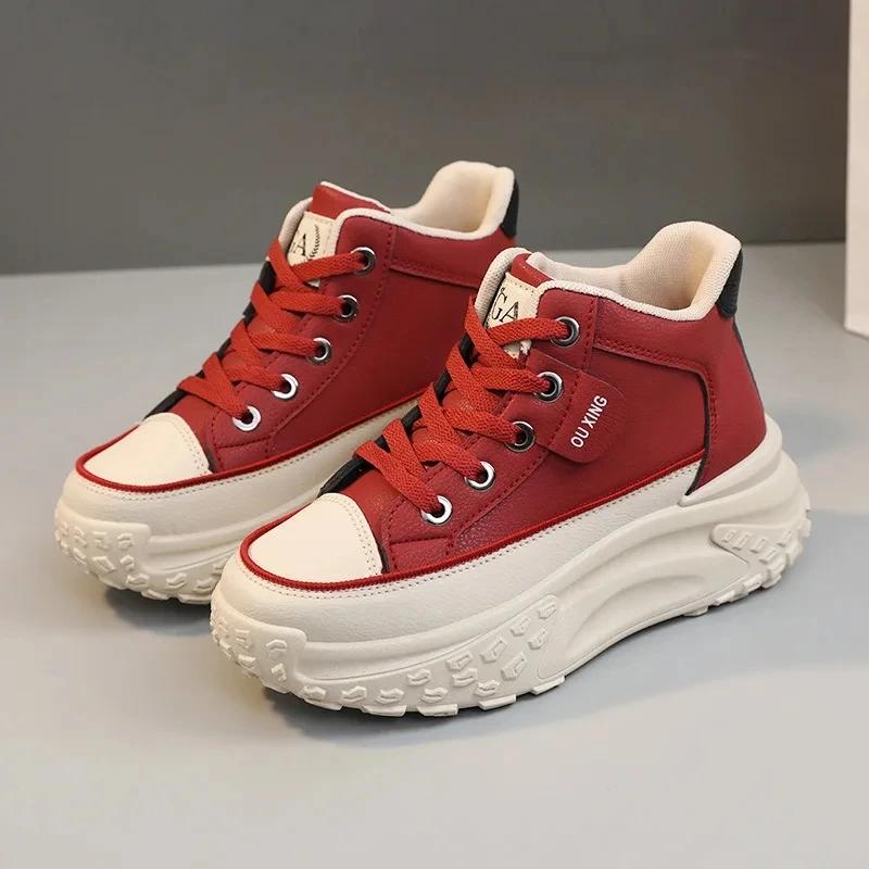 Fashion Women's Leather High Top Casual Shoes, Women's 2024 Autumn and Winter New Fashionable Breathable Thick Soled Retro Sports Shoes