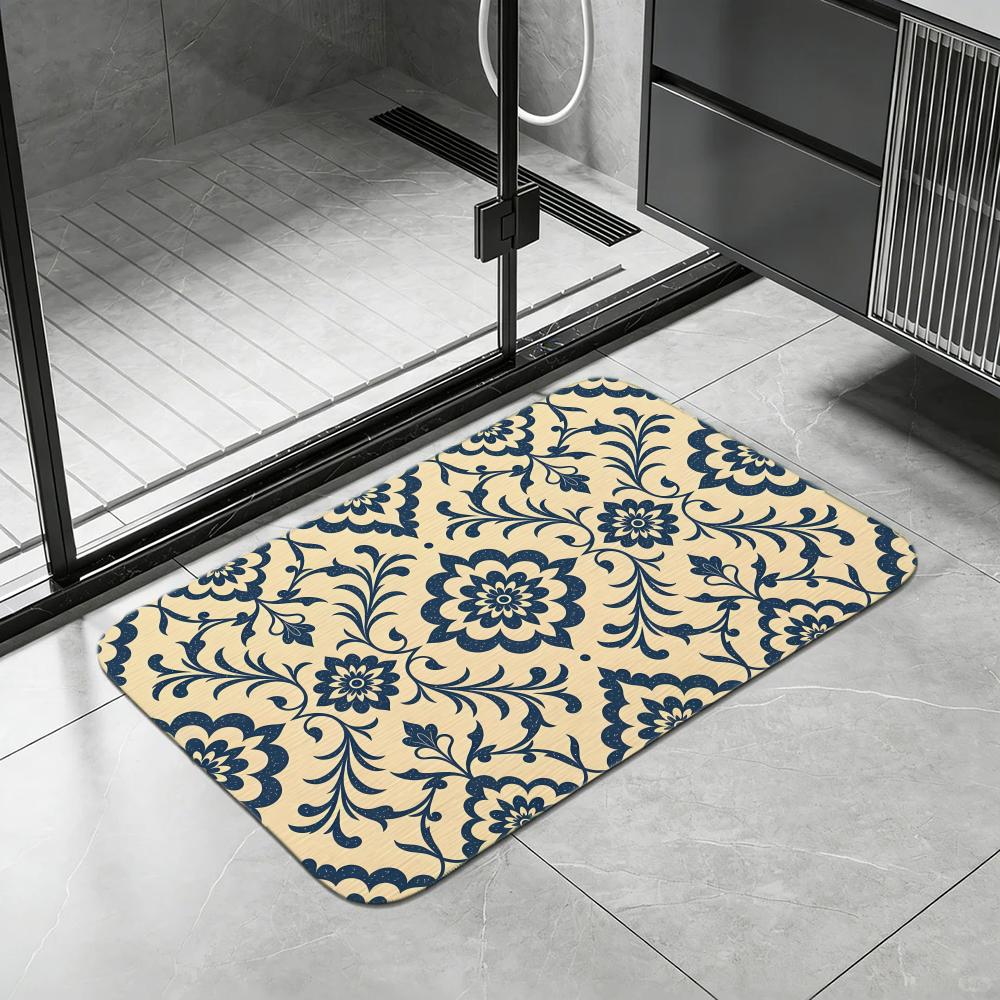 Pattern Persian Floral Scroll Floor Mat Diatomite Bath Mat, Quick Dry, Absorbent, Multi-Scene Mat