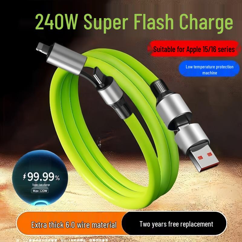 4-in-1 Fast Charging Cable for Apple, Type-C, Huawei, OPPO, Xiaomi, Honor, Car Charger Compatible