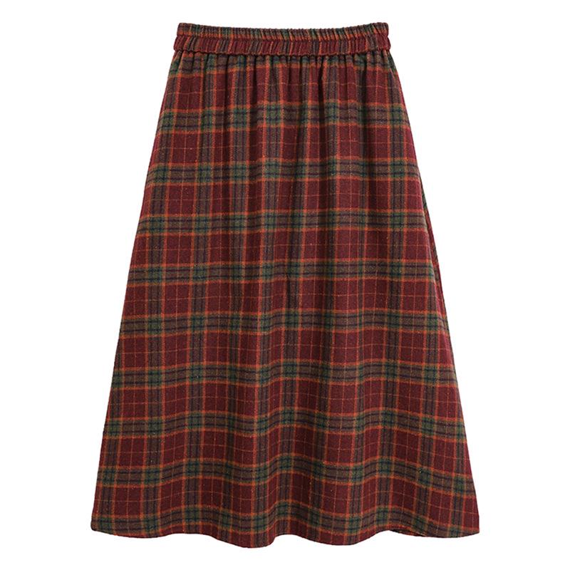 Women's Retro Plaid Wool Blend Midi Skirt - High Waist A-line with Double Pockets for Autumn/Winter