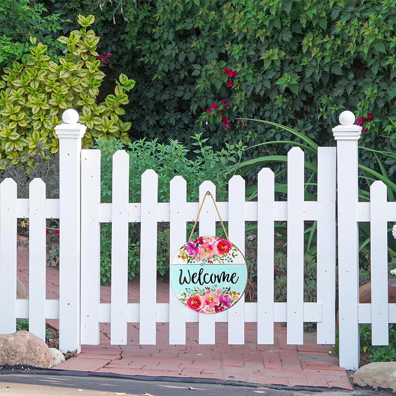Flower Wooden Hanging Sign, Welcome Watercolor Floral Door Sign, 11.8"X11.8" Circle Farmhouse Rustic Front Door Hanger Sign