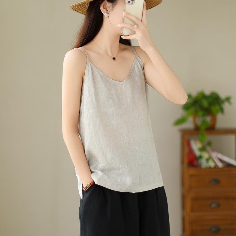 QICED Summer Light and Soft Fine Linen Small Sling Pure Linen V-neck with Artistic Sling Vest