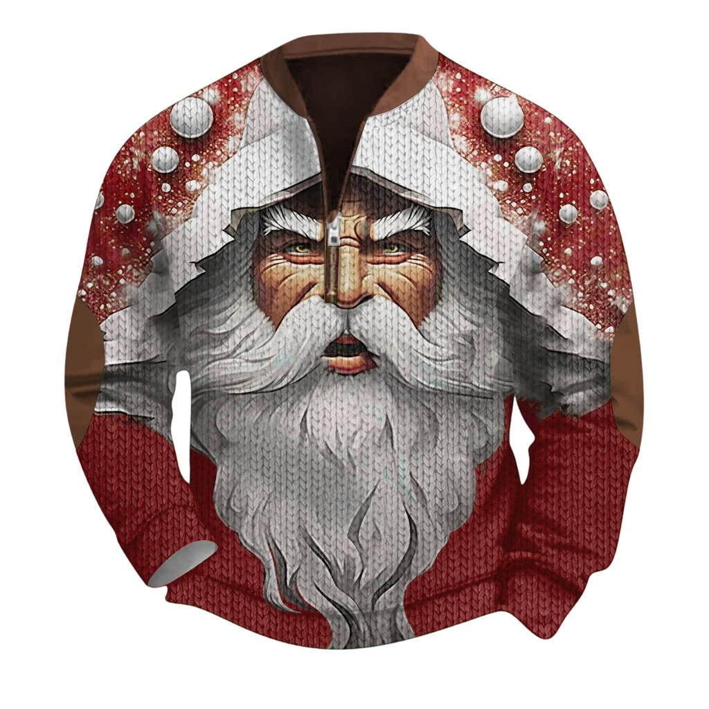 Mens Christmas Sweater Zip Up Sweatshirts Vintage Knit Graphic Sweatshirt Xmas Stand Collar Pullover