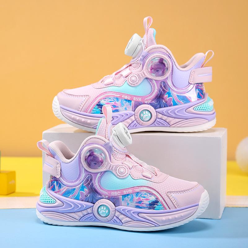 Girls Autumn 2025 New Lightweight Leather Waterproof Children's Sneakers Medium and Older Girls Rotating Buckle Running Shoes