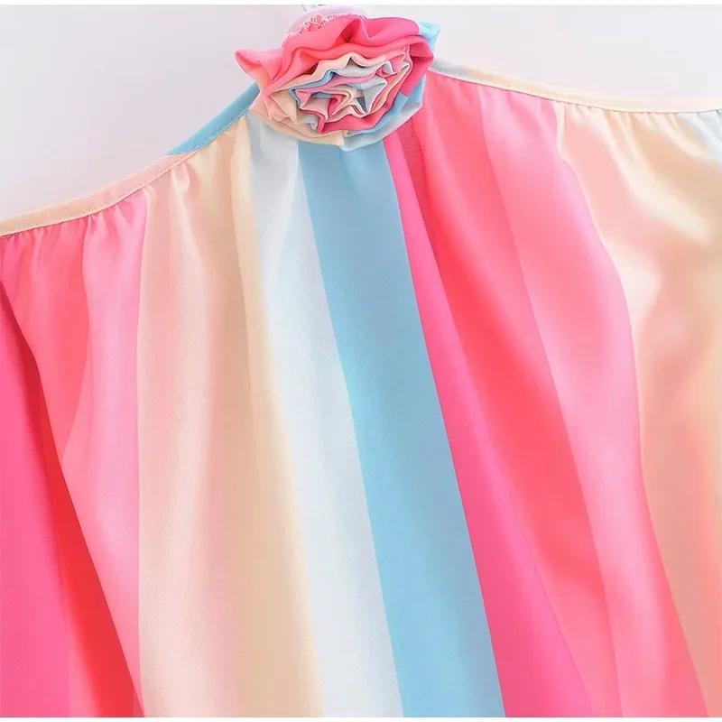 Цветное полосатое платье-халтер для женщин с 3D-цветком — фото 10