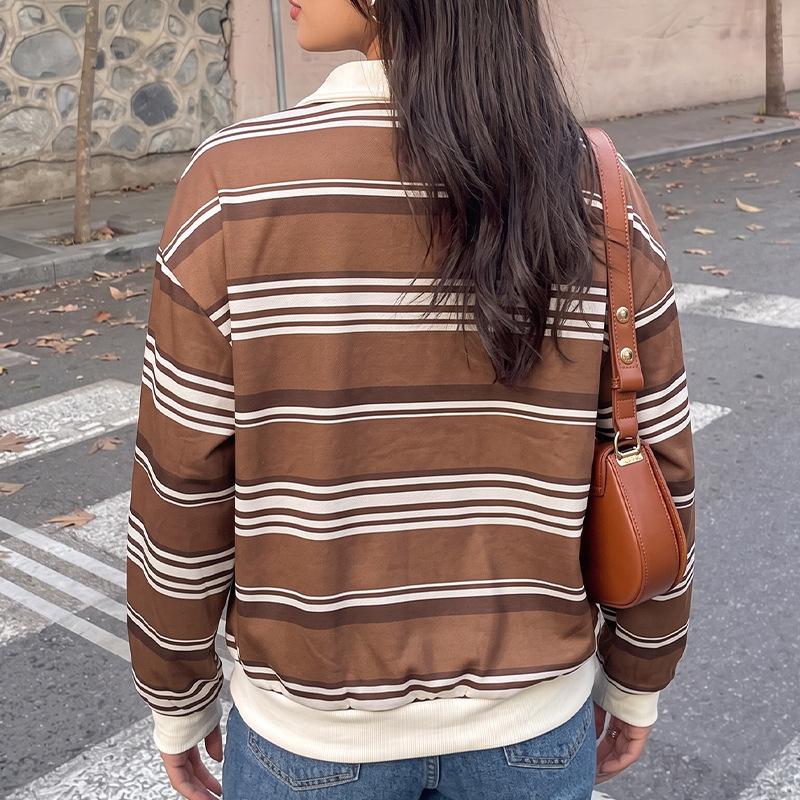 New Vintage Striped Contrast-color Polo-neck Long-sleeved Women's Hoodie