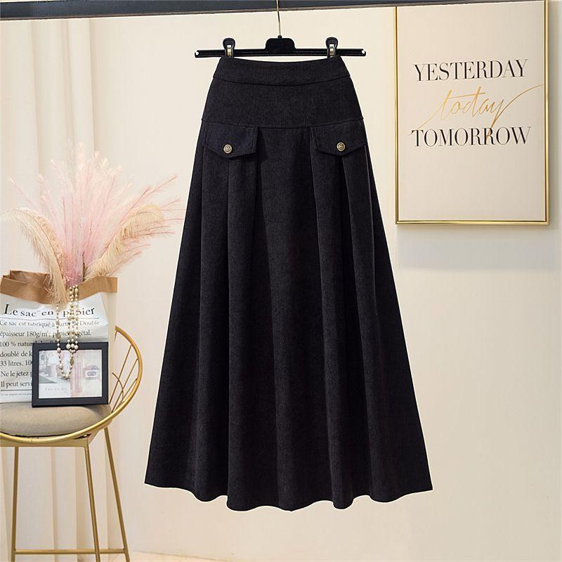 Winter Corduroy Elastic High Waist Women Long Skirts Korean Fashion Loose A-Line Stretchy Solid Colour Skirt