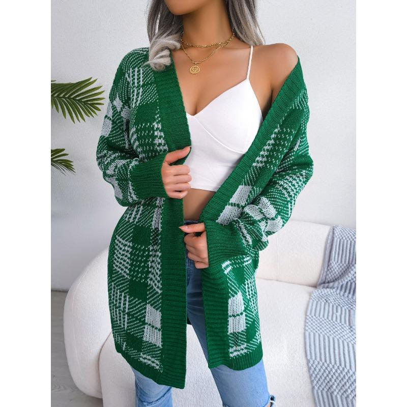 Dámský podzimní a zimní kostkovaný krajkový ležérní kardigan s lucernovými rukávy