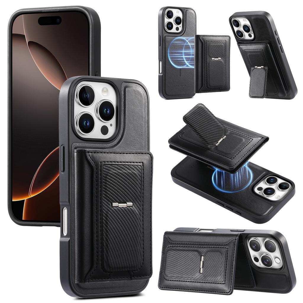 CASENEO For iPhone 16 Pro Detachable Magnetic Phone Case with Card Holder Kickstand TPU PU Leather PC Phone Cover Compatible with MagSafe