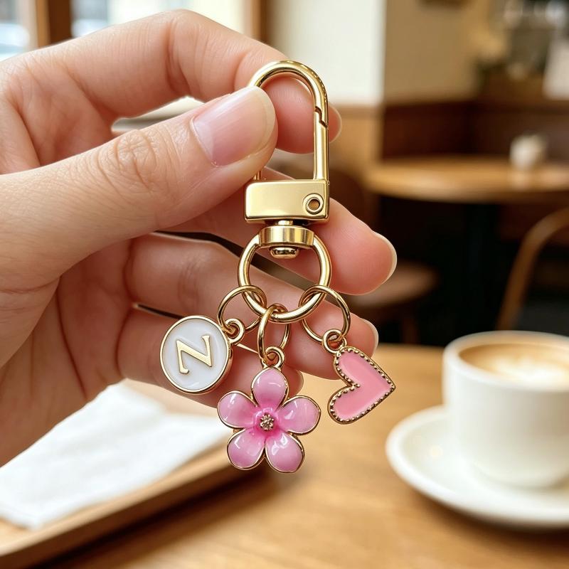 A-Z Letter Charm Enamel Keychain Pink Cherry Blossom Heart Design Key Ring for Graduation Souvenir Gift