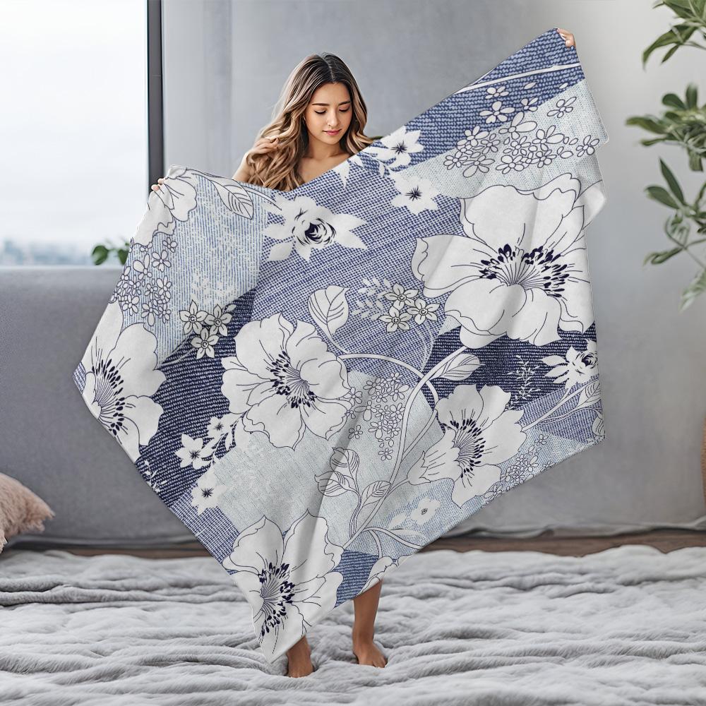 Blue Floral Embroidered Blanket Throw Soft Fleece Bedding Sofa Cover for Women Girls Gift