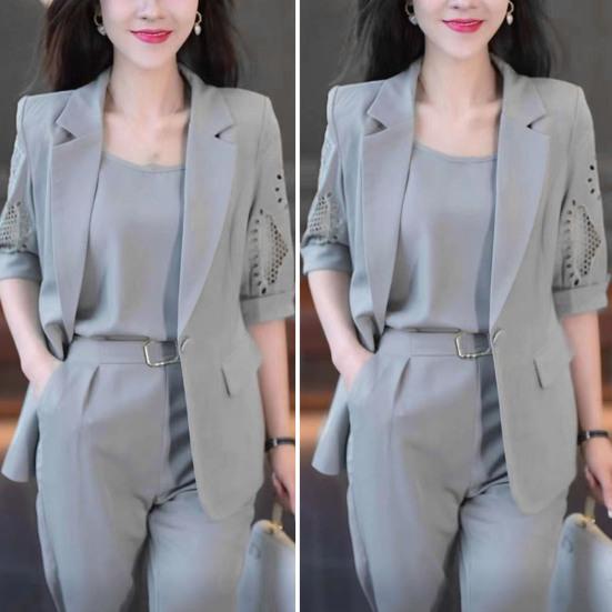 3 stk/sett kvinner forretningsdrakt V-hals ermeløs vest halvermet jakkeslag hul kåpe høy midje haremsbukser ensfarget formell pendlerstil