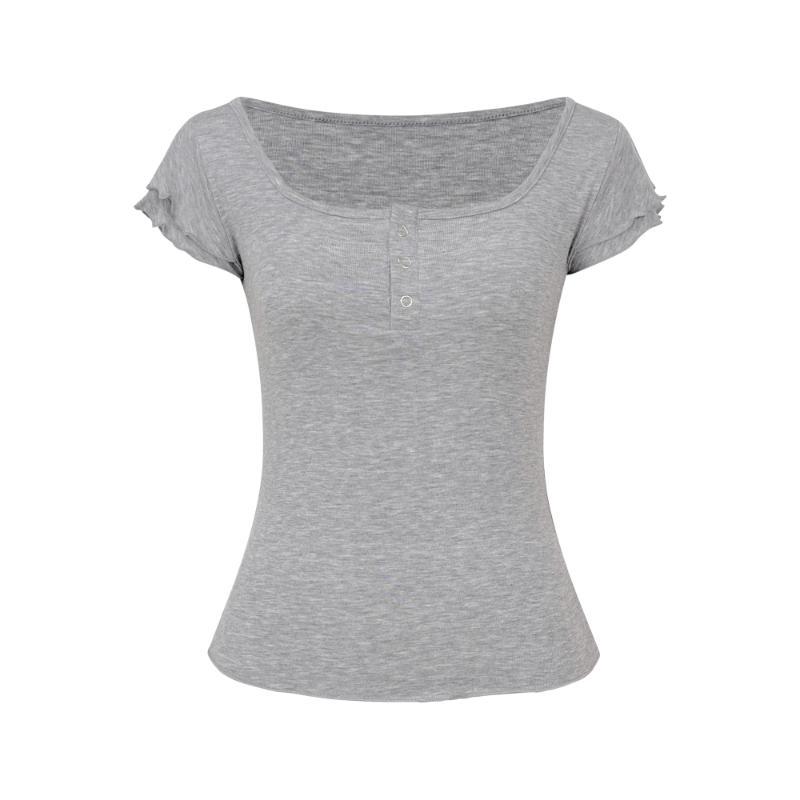 Double-layer fungus edge design gray small flying sleeves front shoulder T-shirt women's summer new slim-fitting versatile small top