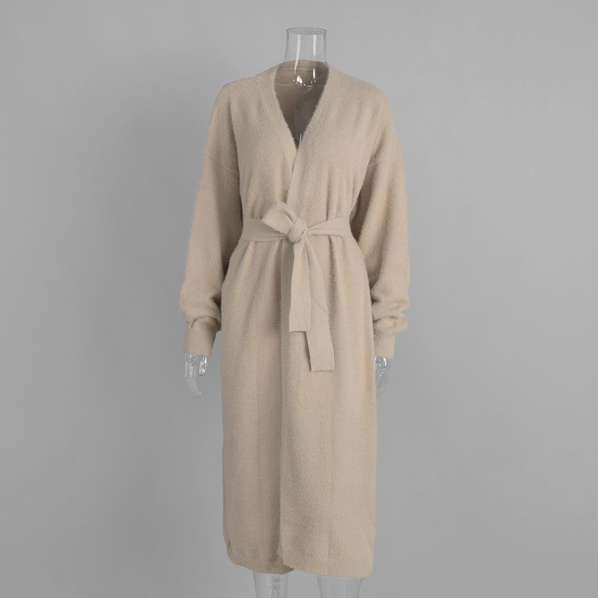 

Fall Winter Oversized Lazy Style Mink Fur Knitted Cardigan Long Sweater Robe S хаки