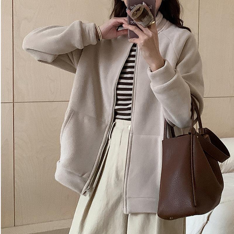 Herbst und Winter Verdickte Samt Thermojacke Damen Reißverschluss Strickjacke Polar Fleece Stehkragenschutz Koreanische Version Lässiges Oberteil