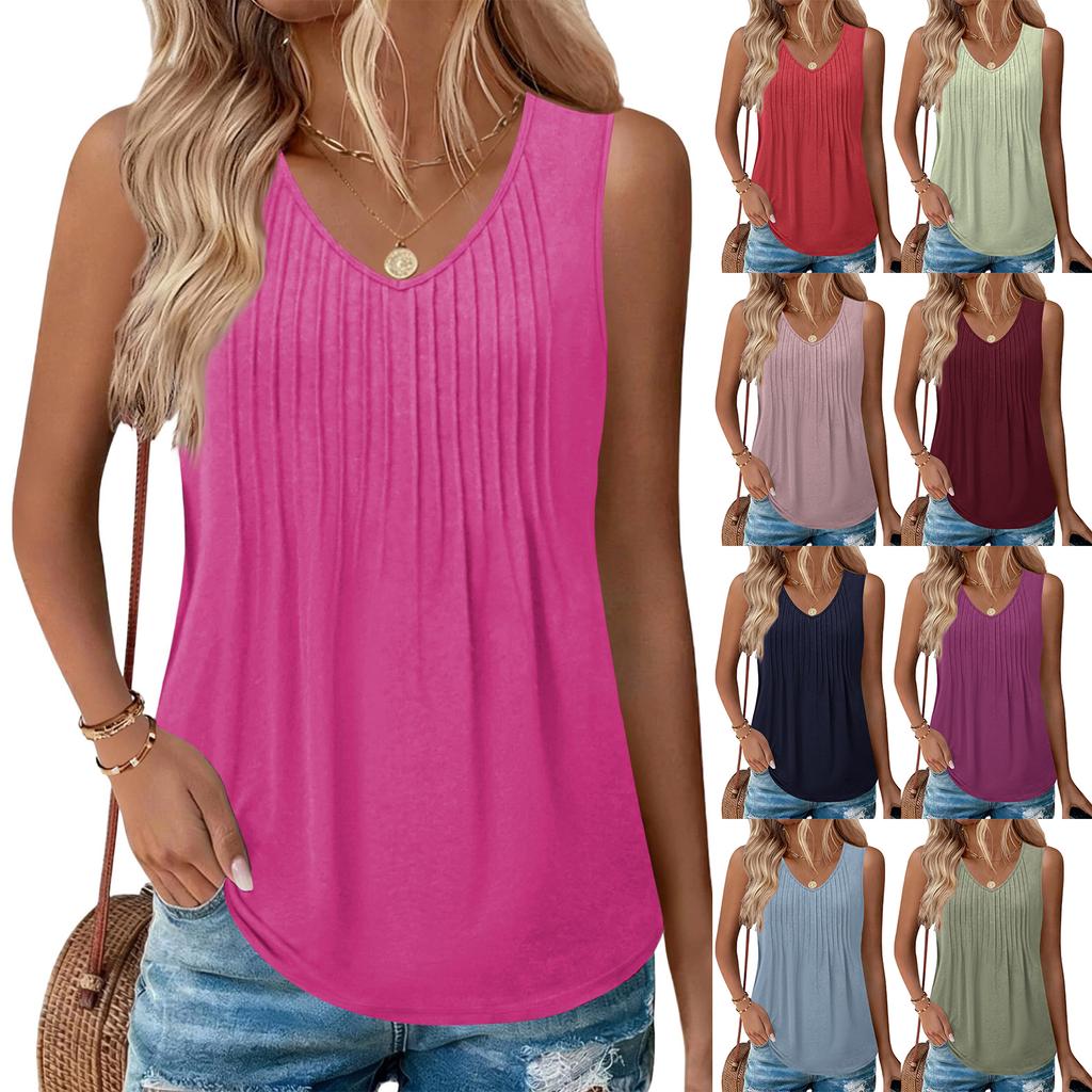 Women Sleeveless V Neck Pleated Loose Fit Tank Top Lightweight Flowy Blouse Summer Casual Basic Vest Shirt for Daily Wear