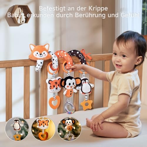 Kontrast Black White Spiral Baby Toy 0-9 Months Fox Activity Spiral for Car Seat, Plush Hanging Toy with Rattles Teether for Baby Backseat