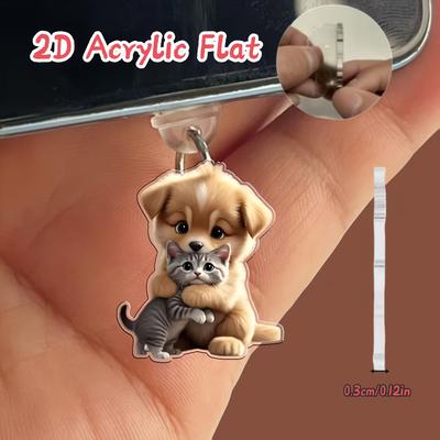 Tapón Antipolvo Acrílico Plano 2D de 1 pieza Armonía Gato y Perro, Compatible con Conector IPhone/Tipo-C para Cuidado y Mantenimiento Móvil