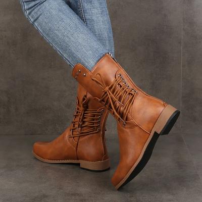 Fashion Woman Mid Calf Boots Women Lace Up Rivet Low Heels Female Zip Footwear Ladies Leather Short Boots Women's Shoes Plus Size