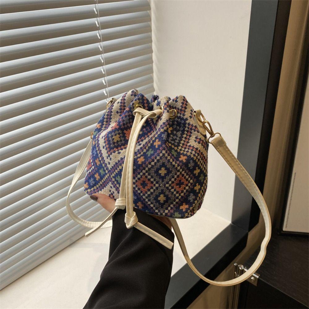 Fashion Linen Fabric Bucket Bag Floral Ethnic Style Crossbody Bag Handbag Women