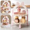 Wooden Double-Layer Dessert Stand Toy Set - Pink Bow Theme Children's Tea Party Pretend Play Toy Includes Cakes and Menu Cards