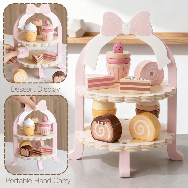 Wooden Double-Layer Dessert Stand Toy Set - Pink Bow Theme Children's Tea Party Pretend Play Toy Includes Cakes and Menu Cards