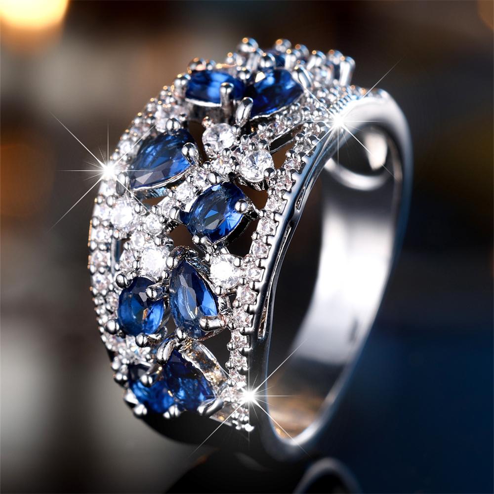 Blue Crystal Zircon Water Drop Stone Engagement Rings For Women Vintage Silver Color Wedding Bands Birthstone Jewelry Party Gift