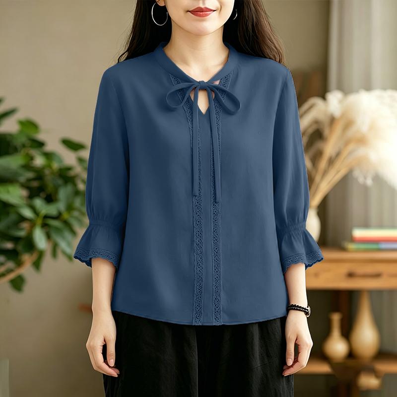 ZANZEA Womens Round Neck Casual 3/4 Sleeve Lace Patchwork Blouse