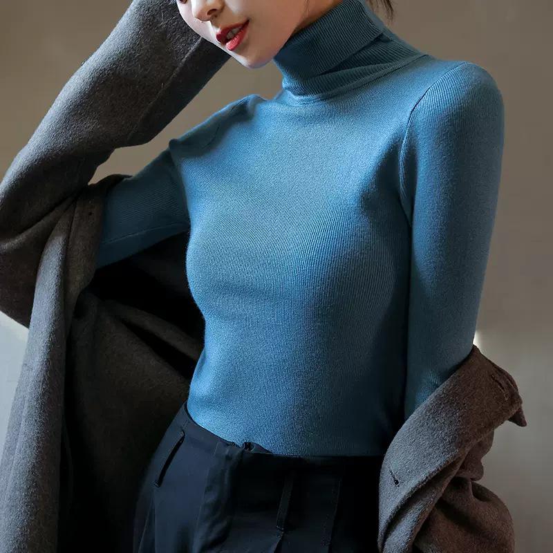 2024 Women's Versatile Slimming Turtleneck Knit Top - Semi-High Neck, Long Sleeve for Spring, Autumn, Winter.