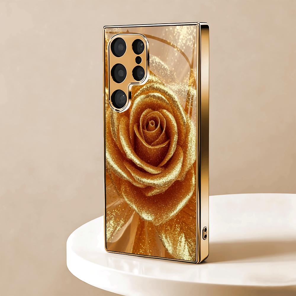 Golden Rose Plated Glass Phone Case Suitable for Samsung Galaxy S26 S25 S24 S23 S22 S20 FE/Ultra/Plus 5G Anti Drop Back Cover