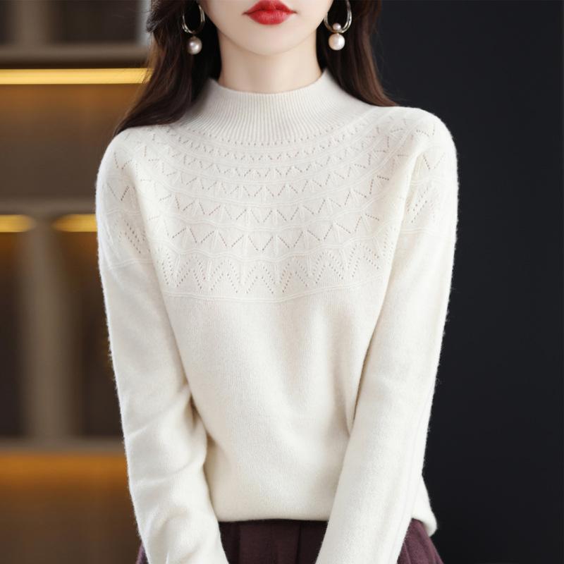 Women's 100% Wool Slimming Cashmere Knit Sweater - Half High Neck, Seamless, Hollow Out Design for Autumn/Winter