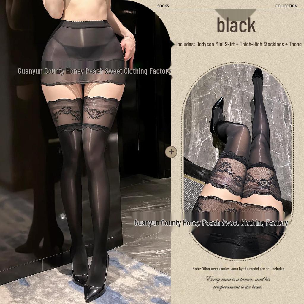 Seductive Sheer Hip-Hugging Miniskirt with Lace Trim and Over-the-Knee Black Stockings