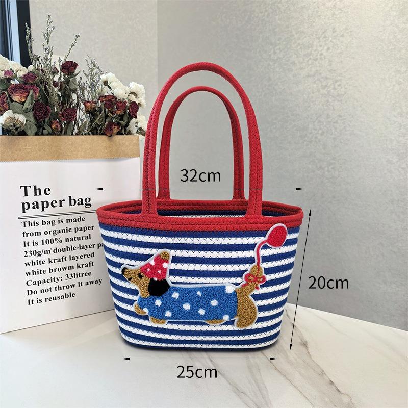 Dachshund Woven Bag Bucket Bag Tide Contrasting Color Cotton Rope Woven Puppy Shoulder Bag Large Capacity Tote Bag Gift