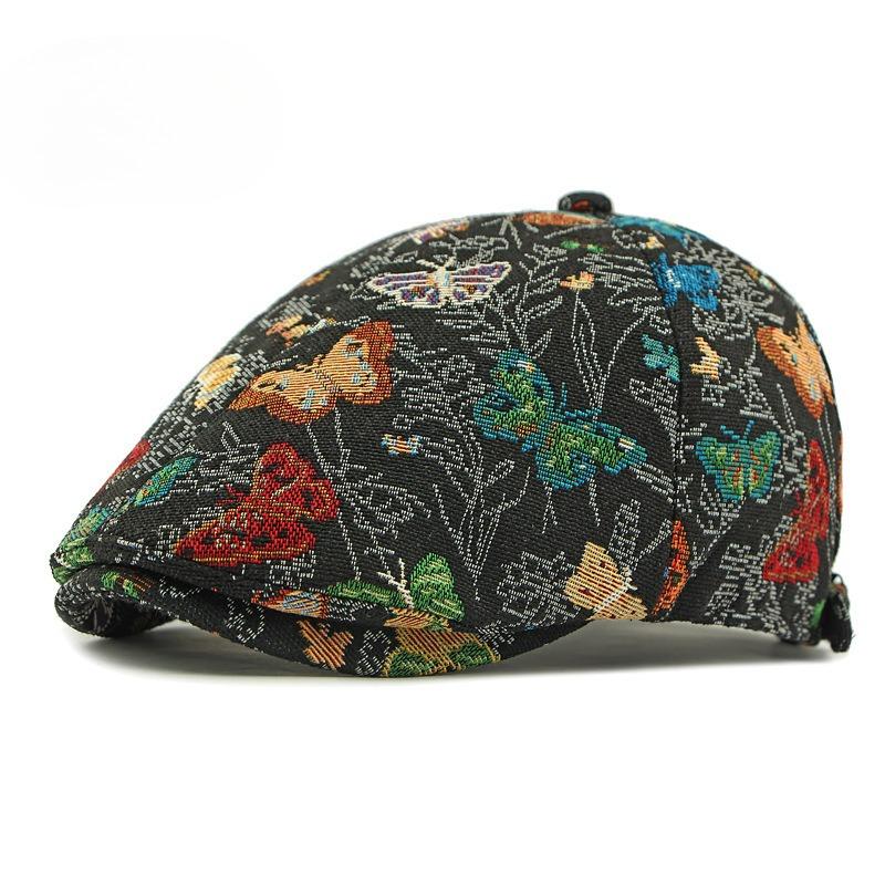 British Vintage Butterfly Jacquard Beret for Women Men 6-Panel Flat Cap Ethnic Newsboy Hat Casual Painter Duckbill Cap Fashion Individual Forward Hat Adjustable(55-59cm) чёрный