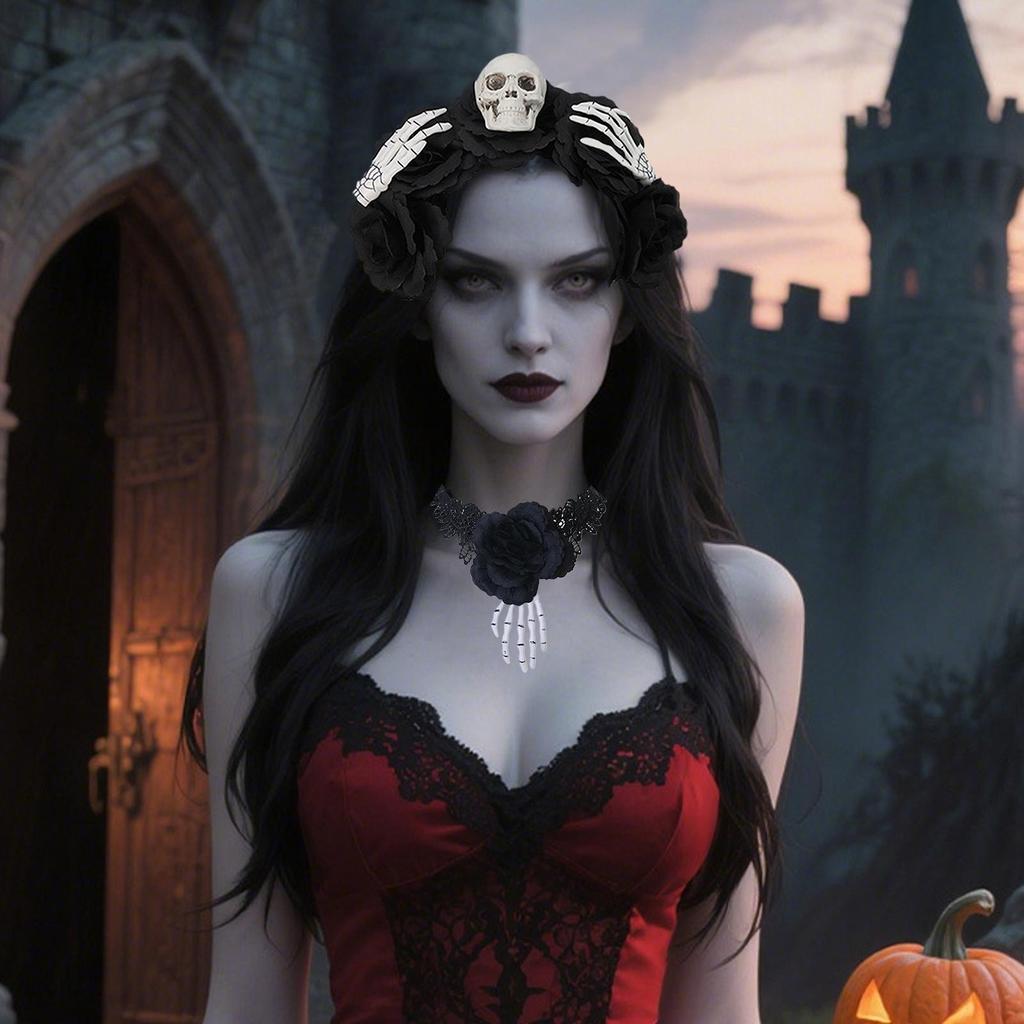 Gothic Lace Necklace Black Hair Hoop Gothic Lace Choker Soft Goth Headdress Halloween Cosplay Supplies For Theme Events Holidays