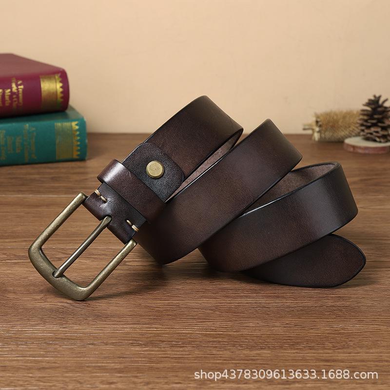 Personalized Fashion Trend Contrasting Spot Belt Men's Genuine Leather Needle Buckle Layer Cowhide Retro Pure Copper Denim Belt