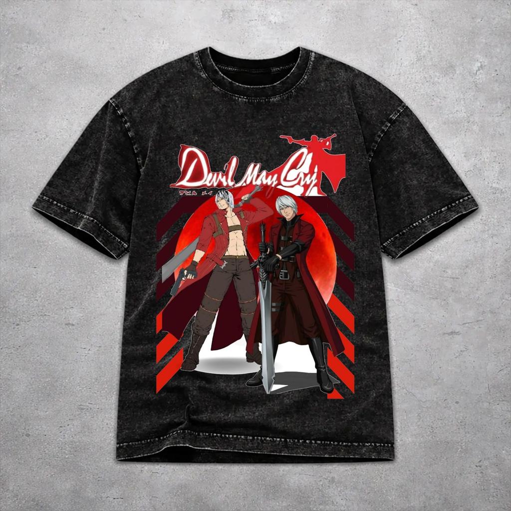 Men Women Vintage Washed T-shirts Devils May-Cry 3 Printed T Shirt Apparel Harajuku Tees