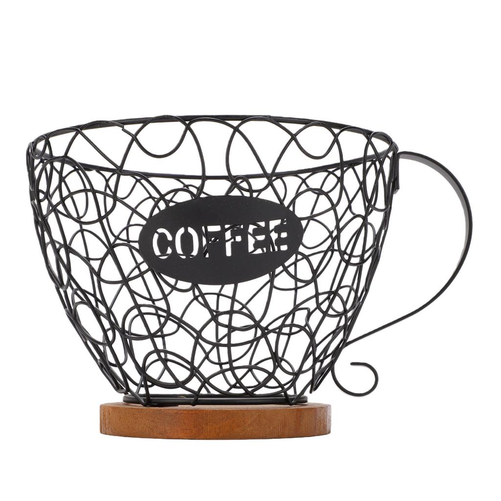 Coffee Pod Holder Organizer Metal Coffee Capsule Storage Basket with Wood Base for Kitchen Countertop