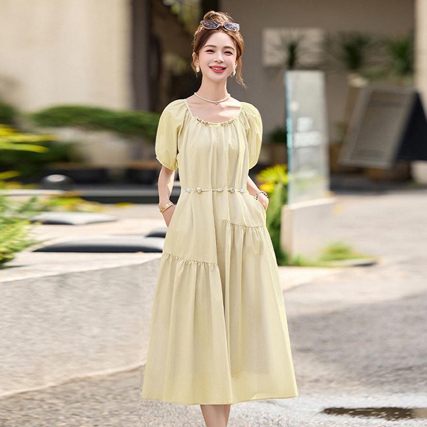 

Fashion pink bubble short-sleeved dress women s summer new waist, thin and age-reducing sweet medium and long skirt M світло-жовтого кольору