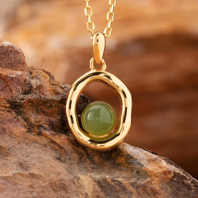 Natural Sea Pattern Stone Hetian Jade Pearl Colored Treasure Necklace Women'S S925 Sterling Silver Pendant Simple Fashion Design Jewelry