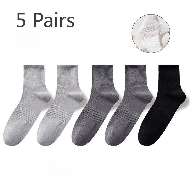 5 Pairs of Thin Antibacterial Four-season Mid-calf Mesh Cotton Socks, Pure Cotton Sweat-absorbing Men's Business Solid Color Combination
