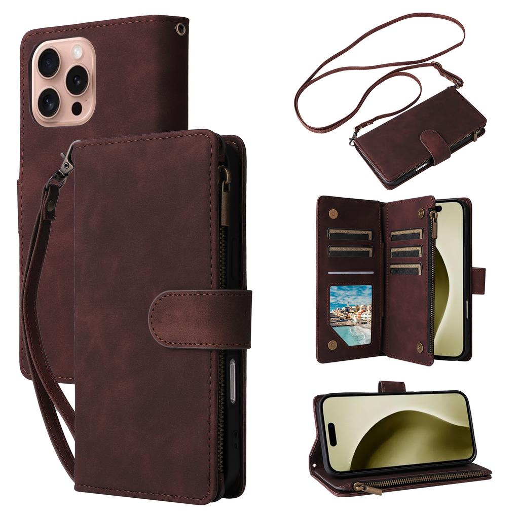 For iPhone 16 Pro Case Zipper Multi-Pocket Wallet Leather Phone Cover with Shoulder and Wrist Straps